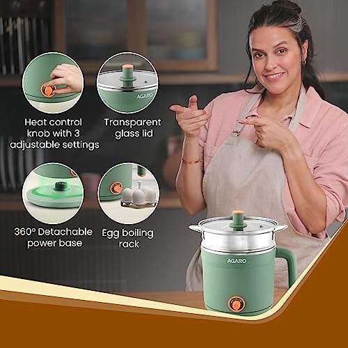 AGARO Regency Multi Cook Kettle With Steamer, 1.2L Inner Pot, Double Layered Body, Variable Temperature Settings, Wide Mouth, Boiling, Steaming, Tea, Coffee, Egg, Vegetable Boiling, 600W, Sea Green