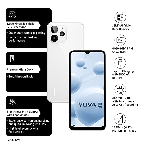 Lava Yuva 2 Pro (Glass White, 4GB RAM, 64GB Storage)| 2.3 Ghz Octa Core Helio G37| 13 MP AI Triple Camera |Fingerprint Sensor| 5000 mAh Battery| Upto 7GB Expandable RAM