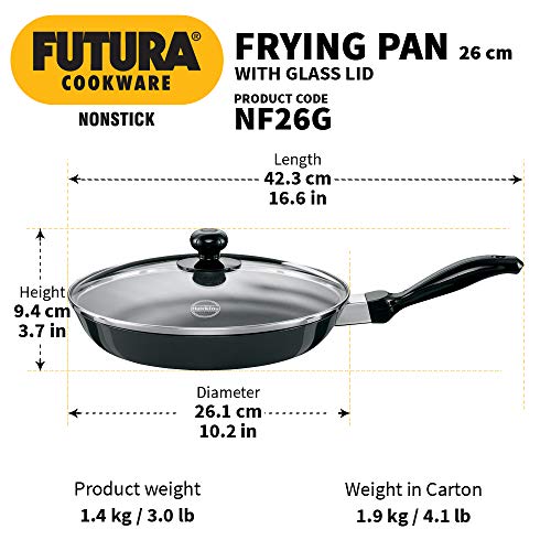 Hawkins Futura 26 cm Frying Pan, Non Stick Fry Pan with Glass Lid, Frypan, Black (NF26G)