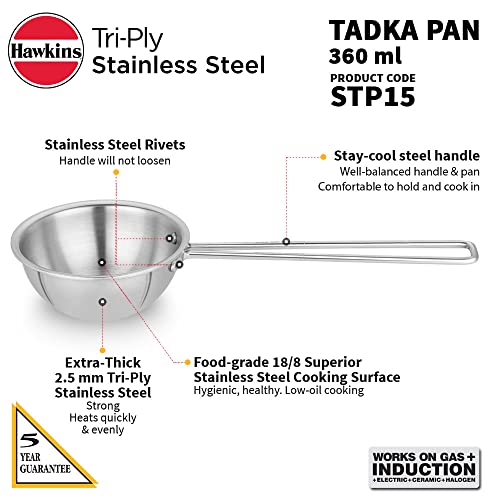 Hawkins 1.5 Cup Tadka Pan, 360 ml Triply Stainless Steel Pan, Induction Pan, Silver (STP15)