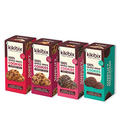Kikibix Tasty & Healthy Cookies Assorted Combo Pack | No Maida & No Refine Sugar | Cranberry, Chocolate, Millet & Walnut Cookies | Natural Jaggery Biscuit | Multigrain Snacks For All | 520 Gms