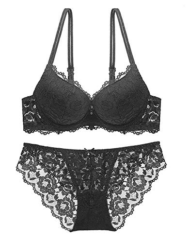 Brachy Women's Padded Underwired Push Up Lingerie Bralette Floral Lace 2 Pieces Push up Bra & Panties Set (Black,34B)