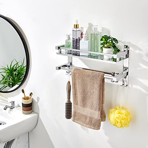 Amazon Brand - Solimo Stainless Steel Bathroom Shelf/Rack with Towel Holder/Towel Hooks/Bathroom Accessories Wall-Mount (Chrome Finish) (2- Shelf)