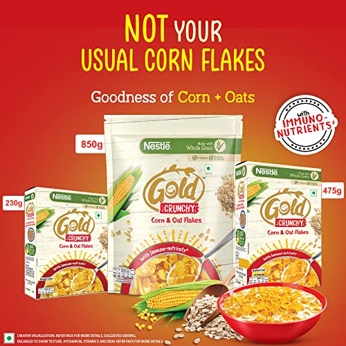 NESTLE GOLD Crunchy Oats & Corn Flakes, Breakfast Cereal with Immuno-Nutrients | Made with Whole Grains and the Goodness of B Vitamins, Calcium & Vitamin D, No Added Colours & Flavours, 850g