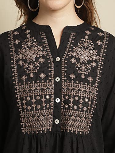 Pistaa's Women's Cotton Embroidered Flare Style Short Kurti (Medium, Black)