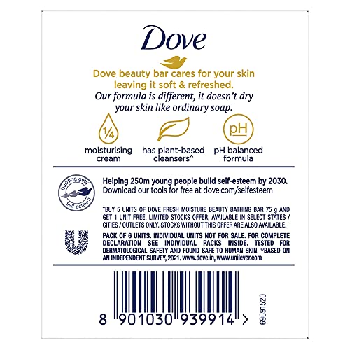Dove Fresh Moisture Beauty Bathing Bar Makes Skin Soft & Refreshed, 450g (Pack Of 6)