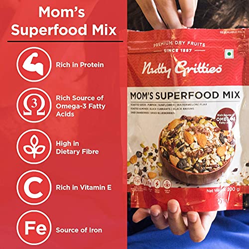 Nutty Gritties Mom's Superfood Healthy Trail Mix 200g - Roasted Almonds | Mixed Roasted Seeds Flax, Pumpkin, Sunflower | Dried Black Currant, Cranberries, Blueberries with Black Raisins| Healthy Snack