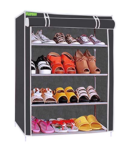 FLIPZON Multipurpose 4-Tiers Shoe Rack with Dustproof Zip Cover, Multiuse Wide Space Storage Rack made by Non Woven Fabric for footwear, Toys, clothes (4 Shelves) (Black), Plastic Non Woven