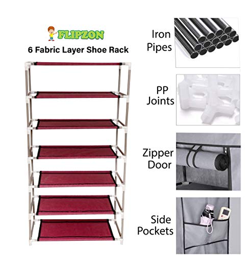 FLIPZON Premium 6-Tiers Shoe Rack/Multipurpose Storage Rack with Dustproof Cover (Iron Pipes, Non Woven Fabric, Plastic Connector) (Maroon)