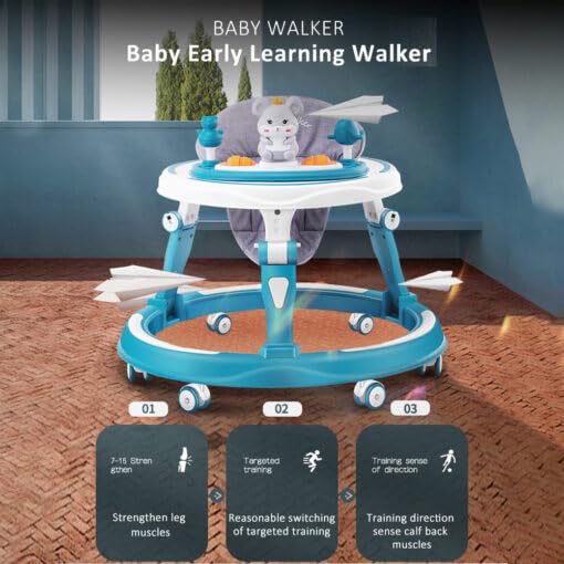 StarAndDaisy 360� Baby Walker Adjustable Height, Multi-Function Anti-Rollover Folding Walker with Height Adjustable 6-18 Months Baby Walker with Recreational Toy bar (Intelli-Blue)