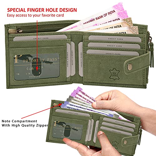 Rigohill Doger Olive Green Leather Wallet For Men, 2 Card Slot | RFID Wallet