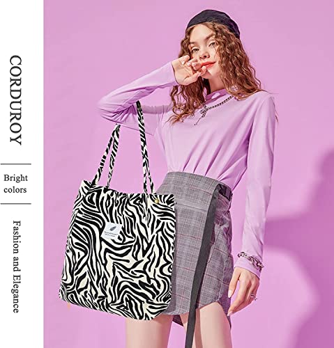 Kawn® Women Corduroy Tote Bag Canvas Shoulder Cord Purse Reusable Shopping Bag Grocery Bag Large Capacity Washable Handbag Girls Shoulder Bag with Inner Pocket For Daily Use Work Travel (Zebra)