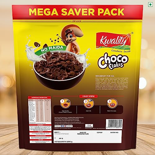 Kwality Choco Flakes - Made with Whole Wheat, Zero% Maida, Source of Protein and Fibre, Richness of Chocolate 1Kg [Pack of 1]