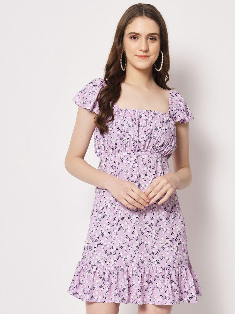 Trendarrest Women's Lilac Floral Back Tie-up Detail Dress