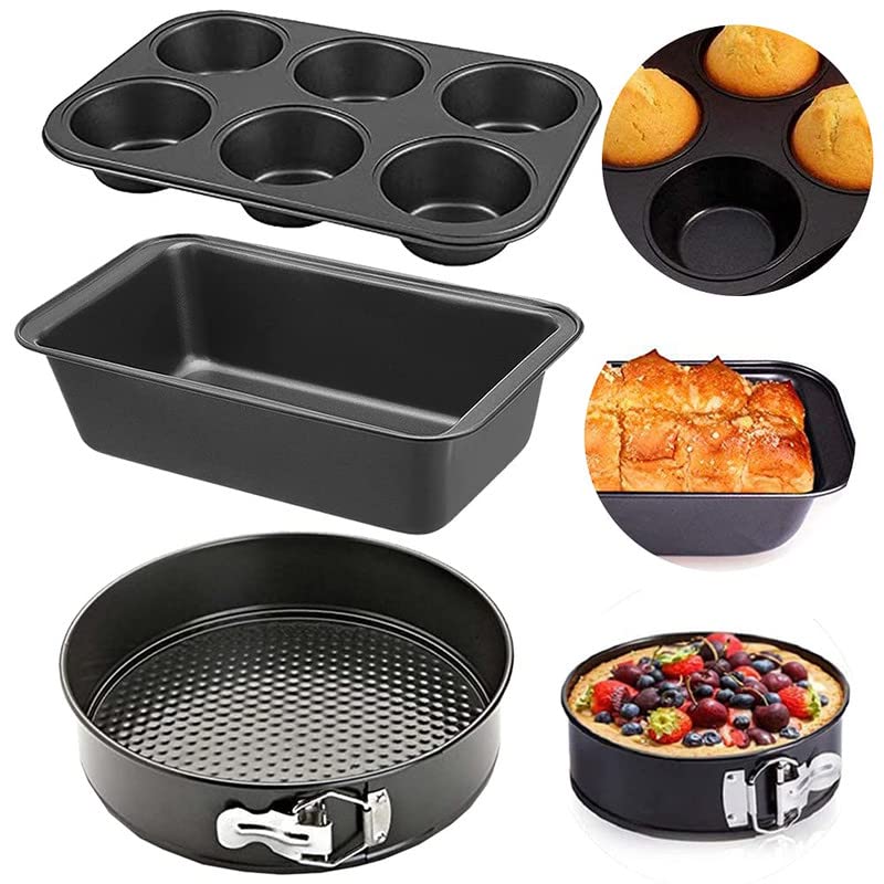 CURATED CART Cake Making Set | Carbon Steel 3 PC Combo Cake Moulds for Baking - Cake Tin, 6 Cavity Cup Cake Mould (Muffin Tray) with Liners & Bread Mould | Suitable for Microwave OTG Oven Safe