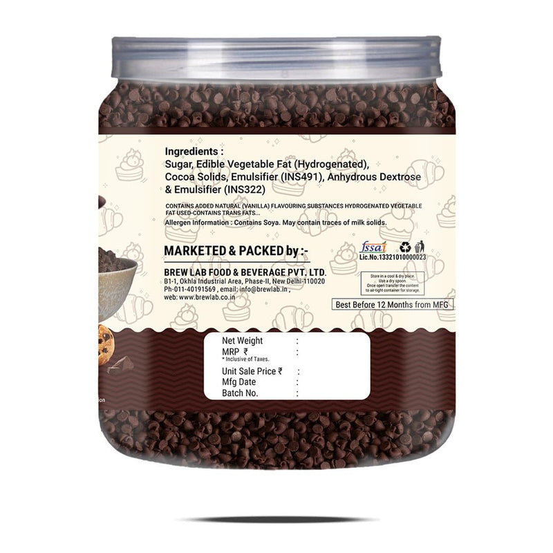 Brew Lab Pure Chocolate Chips for Cake toppings Cooking & Baking Chips for Cakes, Cookies, Brownies, Muffins, Pancakes | Decoration & Baking | 250 gm