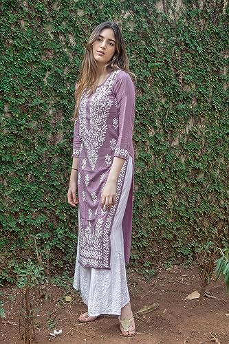ANNI DESIGNER Women's Cotton Blend Straight Chikankari Embroidered Kurta (Victoria Purple_S_Purple_Small)
