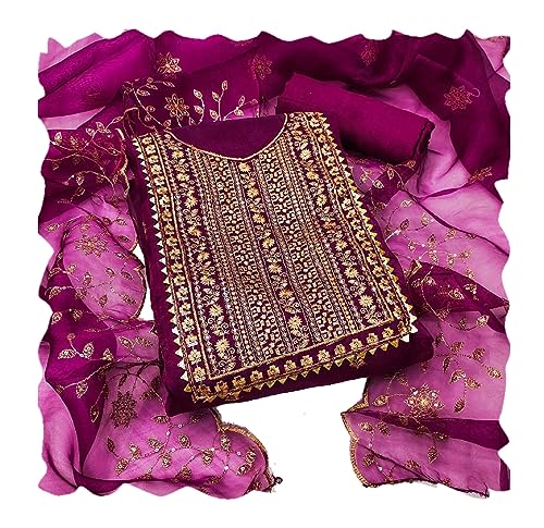 HMP Fashion Women Organza Silk Zari sequence embroidery Work Unstitched Salwar Suit set Dress Material With Floral work Dupatta Free Size (WINE)