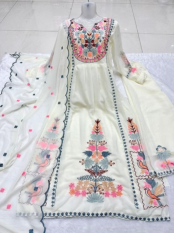 Women's Readymade Faux Georgette Embroidered White Kurta Set with Dupatta |Salwar Suit For Women |Women Kurti (M)