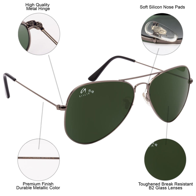 AISLIN® Toughened Glass Aviator Unisex Sunglasses - (Dark Green G-15 Lens | Gun Metal Frame | Large Size | RB3026)