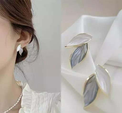 New Korean Arrival Metal Trendy Fresh Lovely Sweet Grey Leaf Stud Earrings For Women