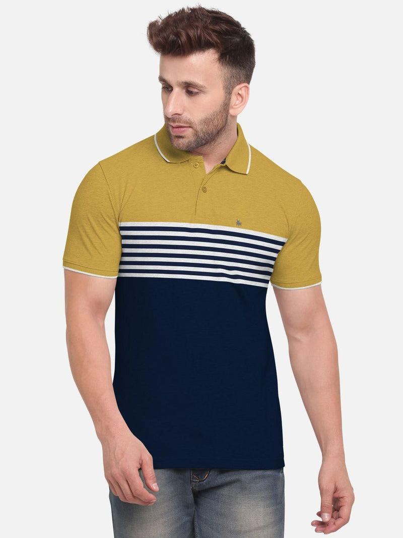 Cotton Blend Solid With Stripes Half Sleeves Mens Polo T-shirt