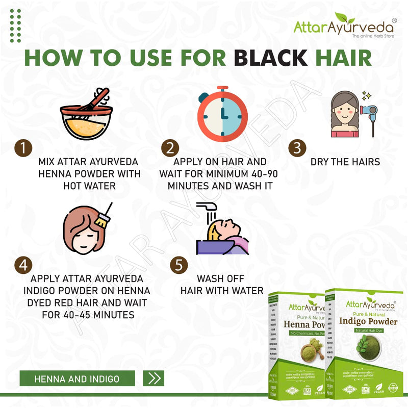 Attar Ayurveda Natural Dye for Black Hair (Henna Leaves powder, Indigo leaves powder combo pack) (200 grams + 200 grams = 400 grams total)