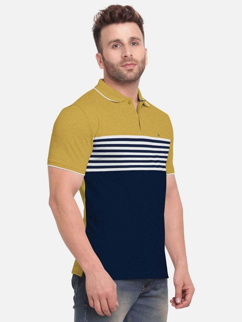 Cotton Blend Solid With Stripes Half Sleeves Mens Polo T-shirt