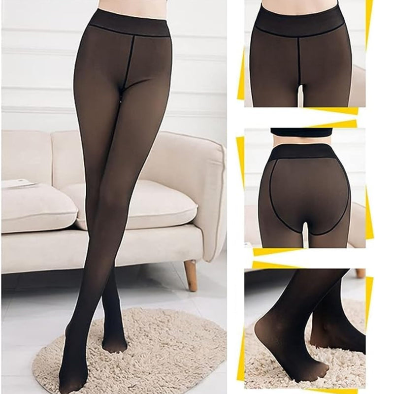 Yuneek Women/Girl Winter Warm Fake Translucent Fleece Legging Thigh High Black Free Size