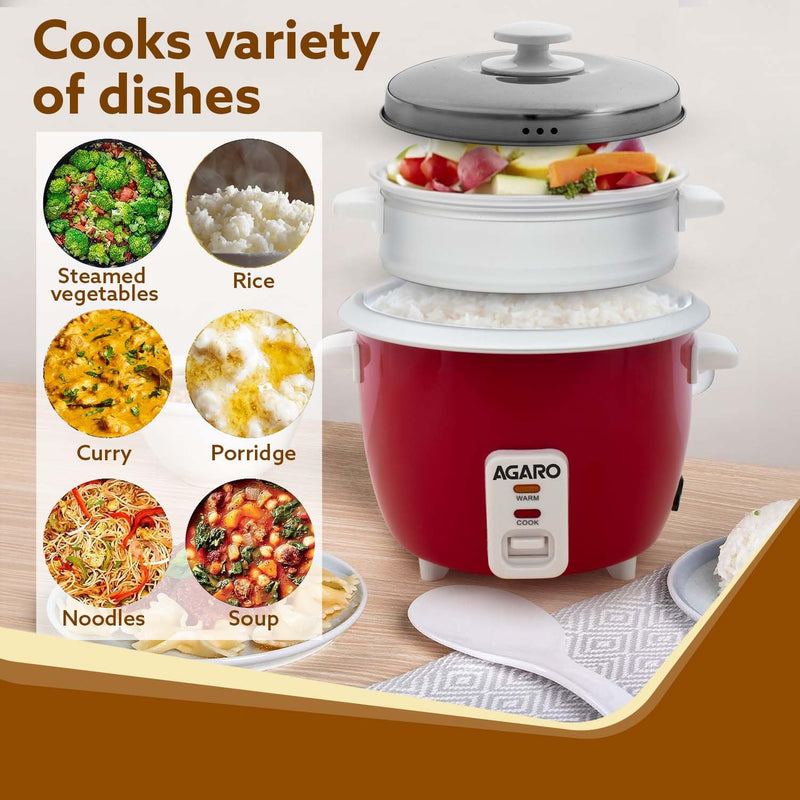 AGARO Elegant Electric Rice Cooker, 1 Liter, 400W, Automatic Boiler, Steamer, Removable Aluminium Pot, Stainless Steel Lid, Keep Warm Function, Trivet Plate, Rice, Veggies, Red