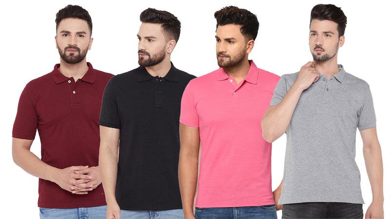 Cotton Blend Solid Half Sleeves Mens Polo Neck T-Shirt (Pack of 4)