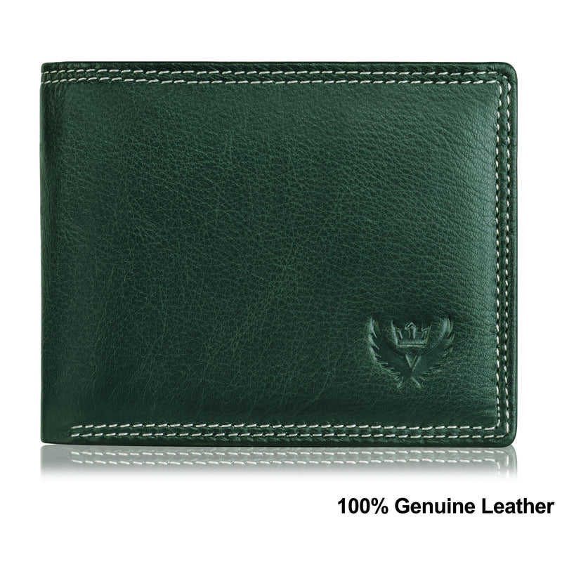Lorenz Bi-fold Premium Green Rfid Blocking Grain Leather Wallet For Men With Double Id Card Flap, 9 Credit Card Pockets & Coin Pocket Feature