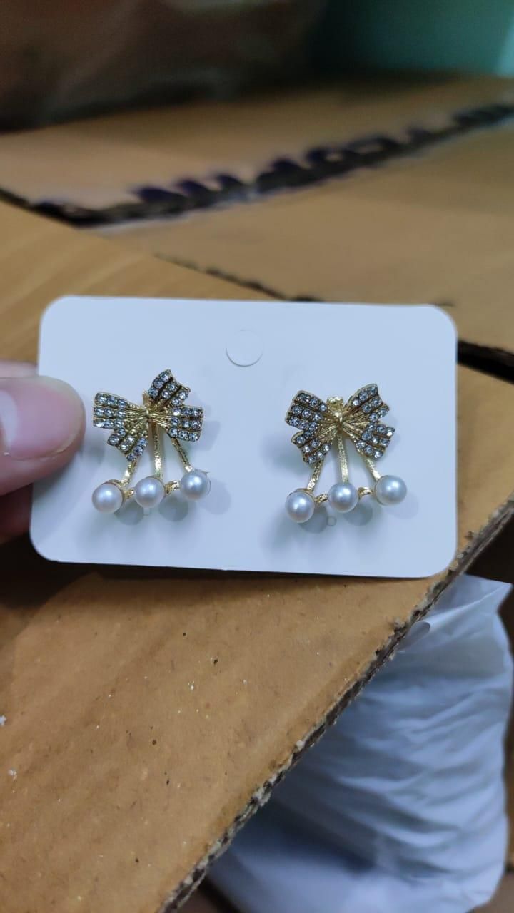 Korean Sweet Gold Plating Cubic Zirconia Butterfly Knot Drop Earrings Bling Cz Zircon Pearl Bow Knot Earring