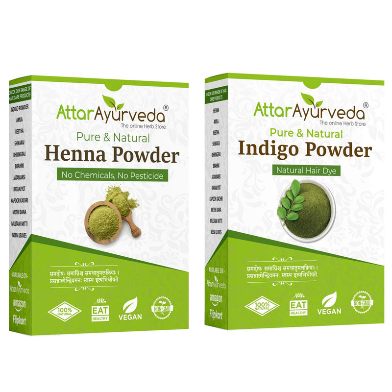 Attar Ayurveda Natural Dye for Black Hair (Henna Leaves powder, Indigo leaves powder combo pack) (200 grams + 200 grams = 400 grams total)