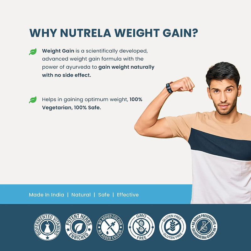 Nutrela Weight Gainer - 500g | Mass Gainer With 36 Essential Vitamins, Minerals And Herbs | 20g Protein, 66.8 Carbs & 3834gm Calories | Ideal For Athlete, Men, Women & Kids - Banana Flavour
