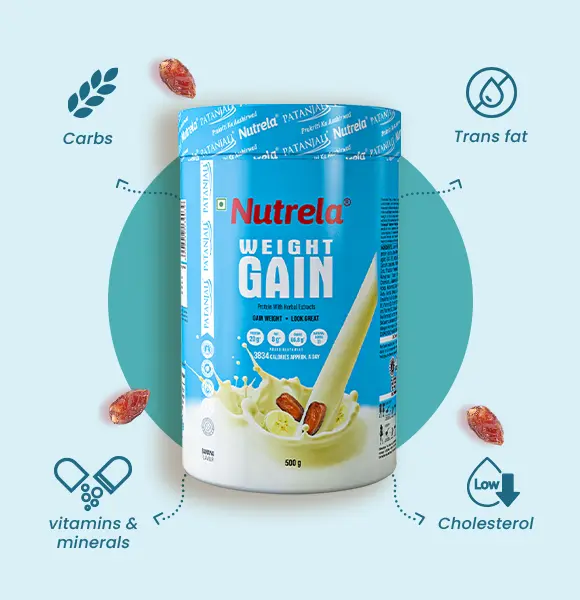 Nutrela Weight Gainer - 500g | Mass Gainer With 36 Essential Vitamins, Minerals And Herbs | 20g Protein, 66.8 Carbs & 3834gm Calories | Ideal For Athlete, Men, Women & Kids - Banana Flavour