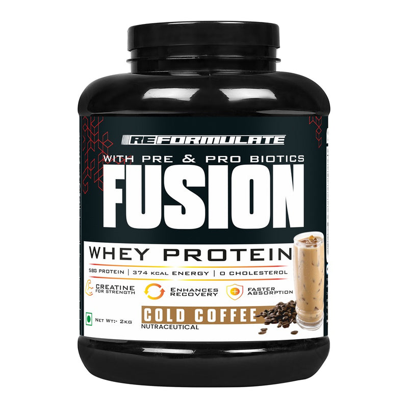 Reformulate I Fusion I Whey Protein I With Pre & Pro Biotics I Muscle Growth I 58G Protein | 379 Kcal Energy | O Cholesterol I Creatine for Strength I Enhances Recovery I Faster Absorption I Nutraceutical I Cold Coffee I 2 KG