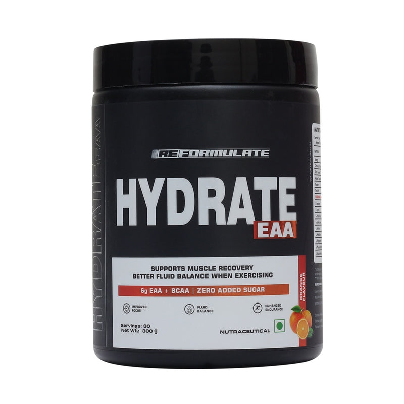 Reformulate I Hydrate EAA I Supports Muscle Recovery I Better Fluid Balance When Exercising I 6G EAA + BCAA | Zero Added Sugar I 6G EAA + BCAA | Zero Added Sugar I Improved Focus I Fluid Balance I Enhanced Endurance I Orange I 300 GM