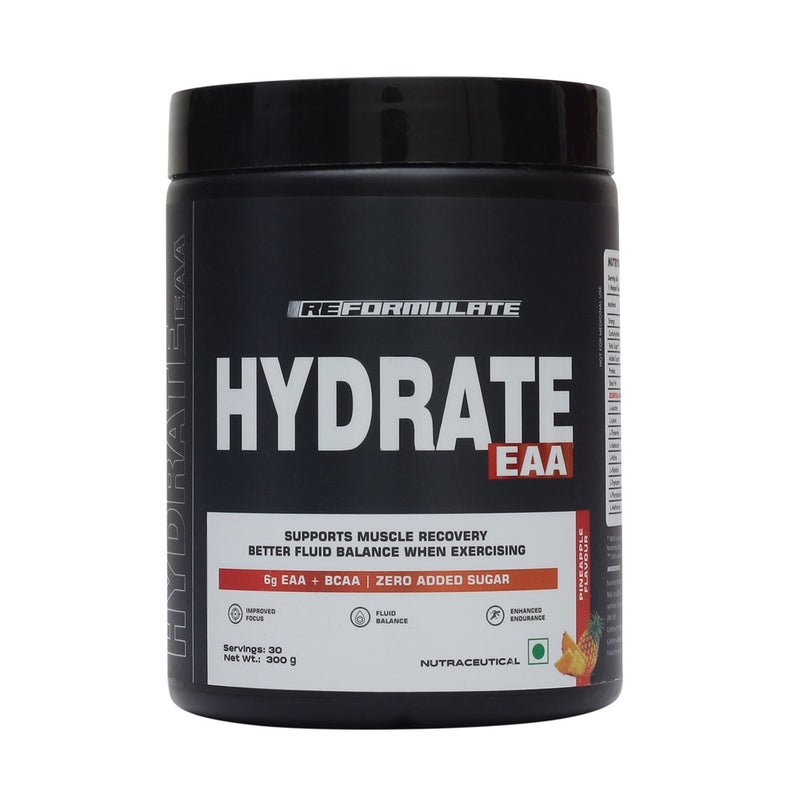 Reformulate I Hydrate EAA I Supports Muscle Recovery I Better Fluid Balance When Exercising I 6G EAA + BCAA | Zero Added Sugar I 6G EAA + BCAA | Zero Added Sugar I Improved Focus I Fluid Balance I Enhanced Endurance  I 300 GM