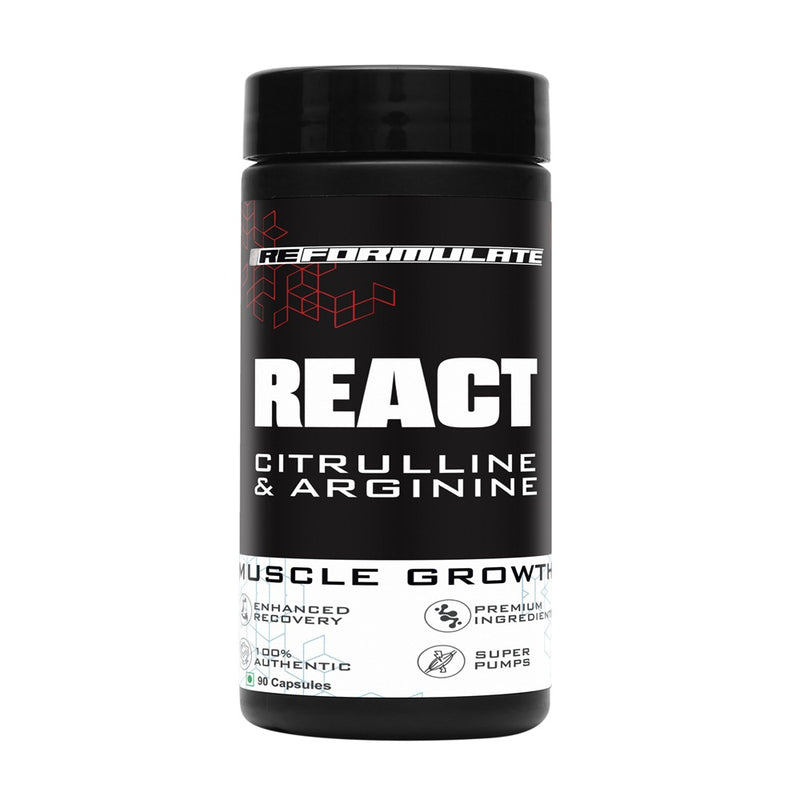 Reformulate I React I Citrulline & Arginine I Muscle Growth I Enhanced Recovery I Premium Ingredients I 100% Authentic I Super Pumps I 90 Capsules