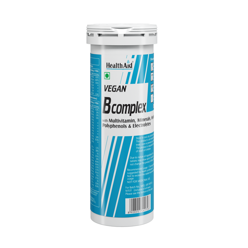 HealthAid I Vegan B Complex with Multivitamins I Minerals I Herbal Blend I Poluphenols I Electrolytes I Mango Flavour I 10 Effervescent Tablets