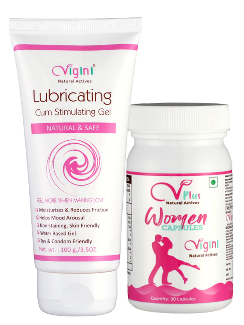 Vigini Vaginal Lubricant Lubricating Stimulating Massage Gel  & Performance Sexual Arousal Regain Increase Stamina Power Boster Capsules Testosterone Vigour Vitality Enhance For Women-100ml+30Caps