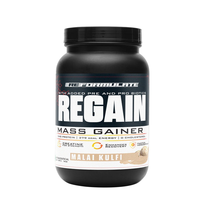 Reformulate I Regain I Mass Gainer with Added Pre and Pro Biotics I 364 Energy | O Cholesterol 1.5 Creatine I Advanced Digestive Enzymes I Dope Free I Advances CPF Formula I Nutraceutical I Malai Kulfi I 1 KG