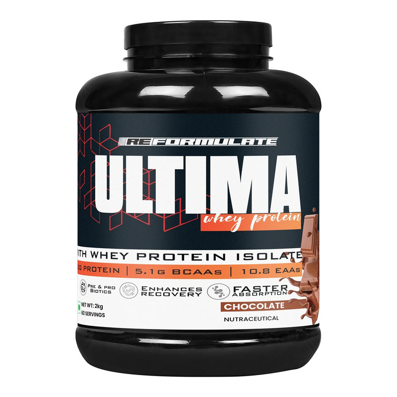 Reformulate I Ultima I Whey Protein with Isolate I 23 G Protein I 5.1G BCAA I 10.8 EAA I  Pre & Probiotics I Enhances Recovery I Faster Absorption I Nutraceutical I Chocolate I Serving 60 I 2 KG