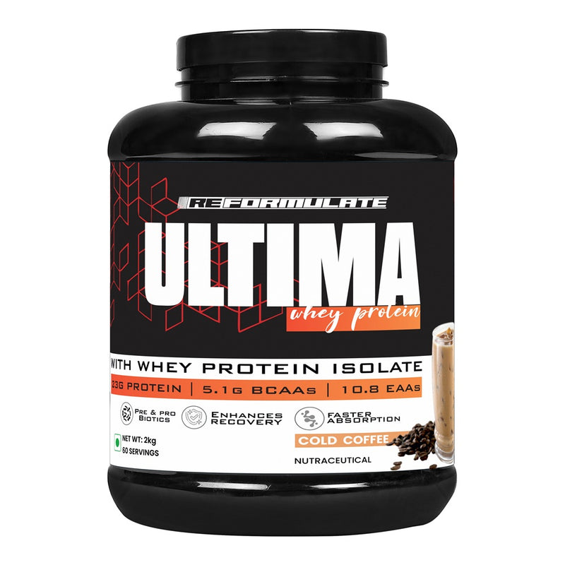 Reformulate I Ultima I Whey Protein with Isolate I 23 G Protein I 5.1G BCAA I 10.8 EAA I  Pre & Probiotics I Enhances Recovery I Faster Absorption I Nutraceutical I Cold Coffee I Serving 60 I 2 KG