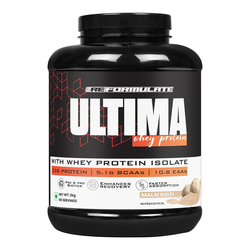 Reformulate I Ultima I Whey Protein with Isolate I 23 G Protein I 5.1G BCAA I 10.8 EAA I  Pre & Probiotics I Enhances Recovery I Faster Absorption I Nutraceutical I Malai I Serving 60 I 2 KG