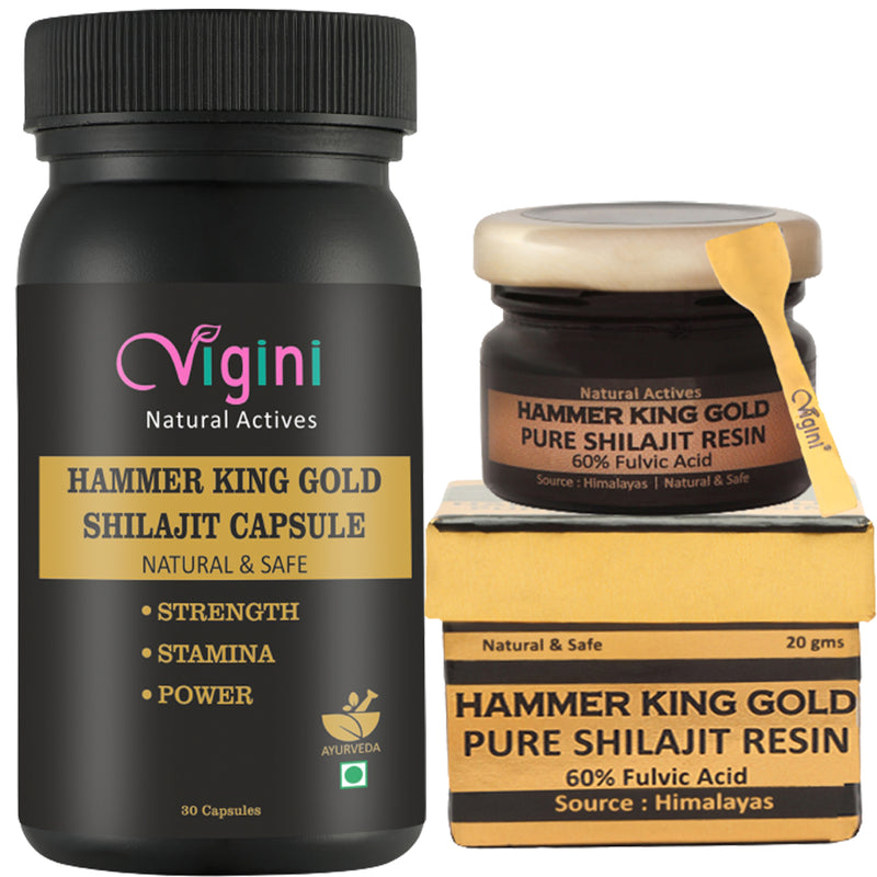 Vigini Natural Hammer King Gold Shilajit / Shilajeet Long Time Sexual Strenght Stamina Thor Performance Power Vigor Vitality Booster Wellness Capsule & Pure Himalayan Shilajit Resin 60% Fulvic Acid For Men-30Caps + 20ml