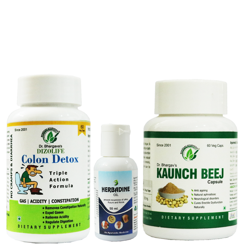 Dr.Bhargav's Colon Detox Triple Action formula 60 Capsule & Herbadine Oil 50 ml with Kaunch Beej 60 Capsule