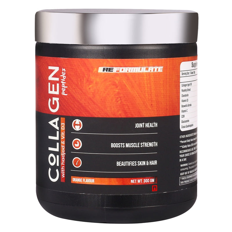 Reformulate I Colla Gen Powder Peptides With Hadjod & Vitamin D3 I Joint Health I Boosts Muscle Strength I Beautifies Skin & Hair I Orange I 300 GM