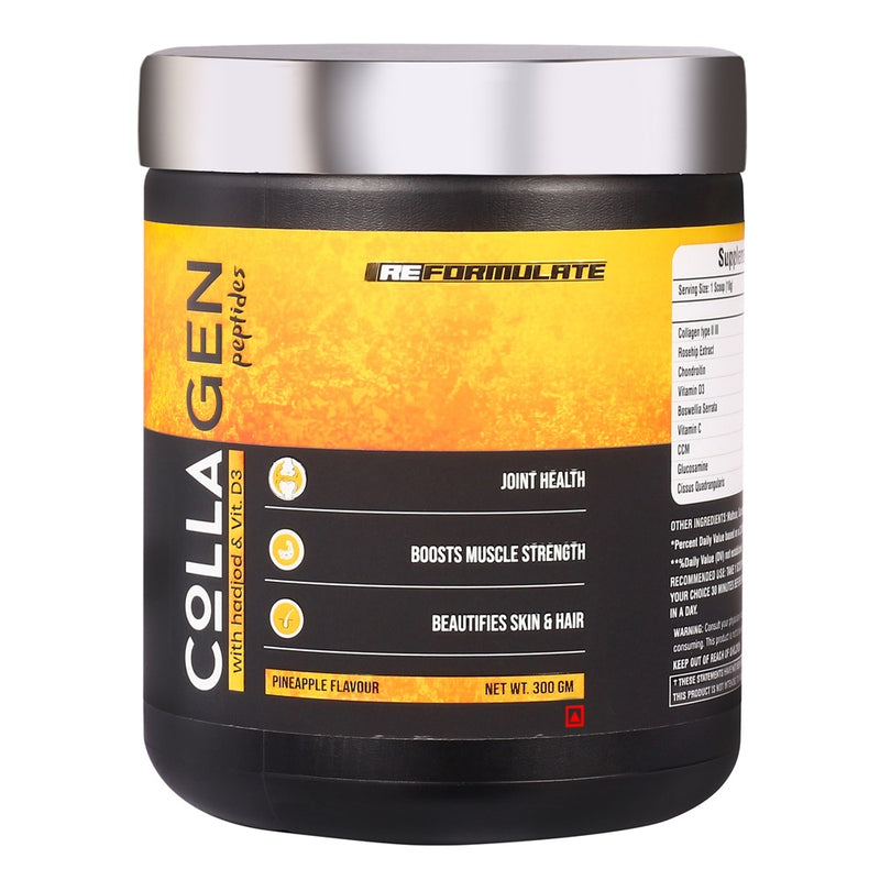 Reformulate I Colla Gen Powder Peptides With Hadjod & Vitamin D3 I Joint Health I Boosts Muscle Strength I Beautifies Skin & Hair I Pine Apple I 300 GM